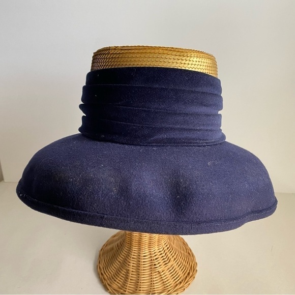 Vintage 90s Whittall & Shon Wool Sequin Hat Navy Blue Gold Wide Brim - Picture 6 of 14